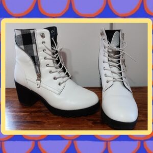 Yoki White Lace-Up Chunky Heel Ankle Boots with Black Plaid Collar